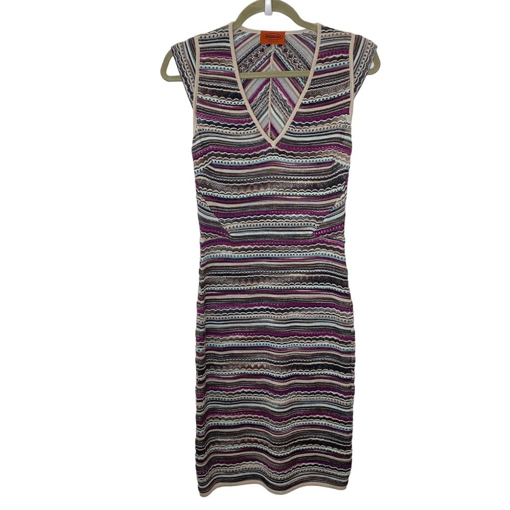 Missoni Striped Knit Midi Dress in Purple, Black, Cream
